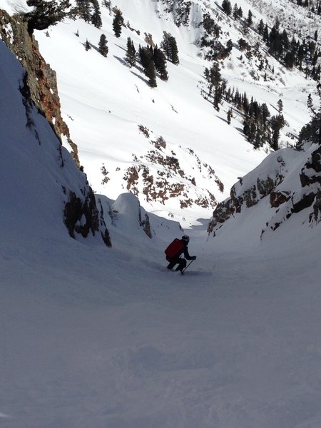 Josh finds sheltered, soft snow in Suicide Chute. This was late January during a warm dry spell.