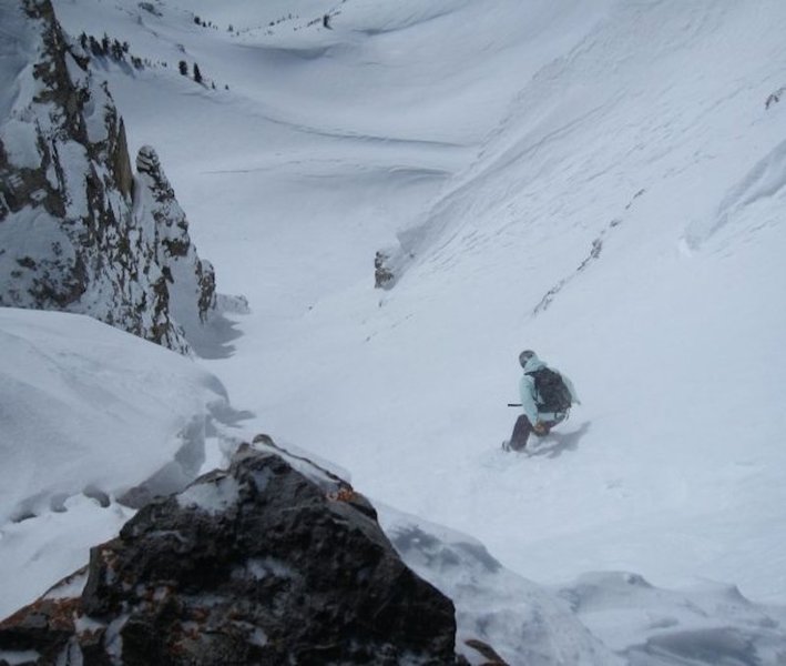 Battling variable snow conditions, Michelle Smith stays on her feet in the gut of Once is Enough. March 2009