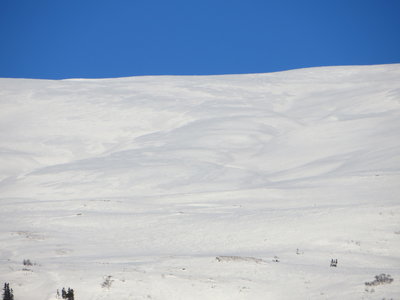 View from below of Devil May Care. The line descends the ridge between the two central gullies.