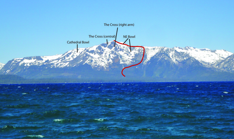 A few of the main ski lines on Mount Tallac's East Face. Photo taken during late spring conditions (June 2010). Red line shows standard ascent route.