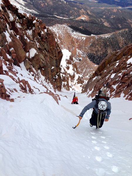 Climbing the final section of the Middle Fork of the Y Couloir.