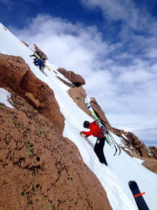 Descending onto the initial slope of the Hero Traverse.