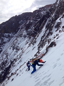 Looking across the Hero Traverse at the North Face of Pikes. The Y Couloir is just out of view.