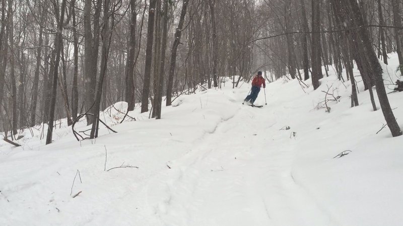 Skiing a wider section of Gertrude's Nose Switchback trail
