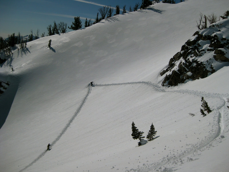 Wide skin tracks during a stable, winter ascent of Albright.