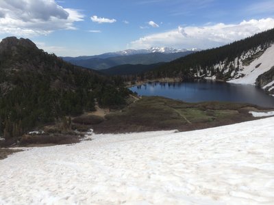Near the base of Saint Mary's Glacier (looking back at the lake).  Photo position is lookers right, above the lake.