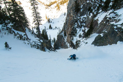 Riding down the upper section of the couloir. The first rappel anchors are around the corner on skier's left
