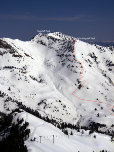 Looking across highway 210 (looking NE) from Baldy Shoulder at Alta towards Flagstaff with track going up the ridge - to the W is Toledo Bowl