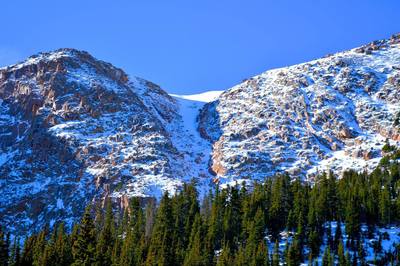 Looking up at Little Italy from the Pikes Peak Highway. This is in Fall Conditions (November). In Winter and Spring, the whole thing fills in and there are no rocks.