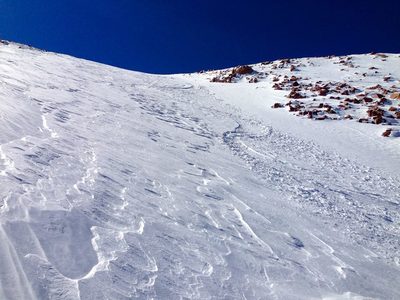 Looking back at tracks on the upper bowl that leads into the couloir. This was in October!