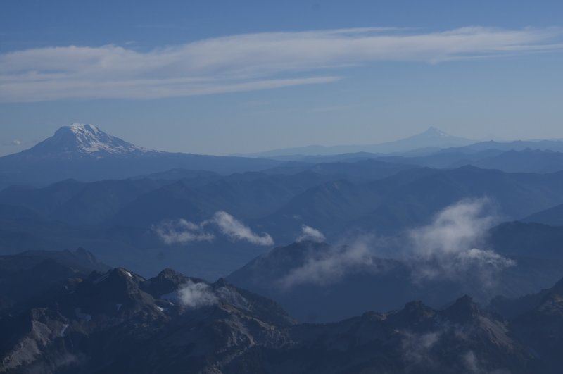 View from Camp Muir. Mount Adams, Hood, and Jefferson (look hard) from left to right.