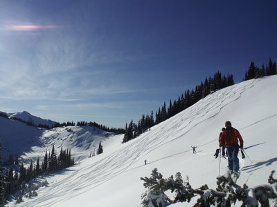 Making short work of tracking out all of Skyline Ridge on a blower powder day.