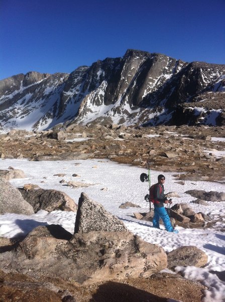 Looking south-east, entrance to the chute visible directly behind Evan, where the ridge drops off. Also stunning views of the Aprons!