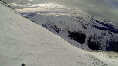 My partner and I begin skiing the Tuning Fork, after downclimbing about 250 feet of loose rock.