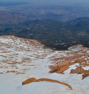 Looking down the East Face gully towards Kansas. A little sparely covered in mid-April.