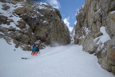 Skiing out through the last bit of the couloir
