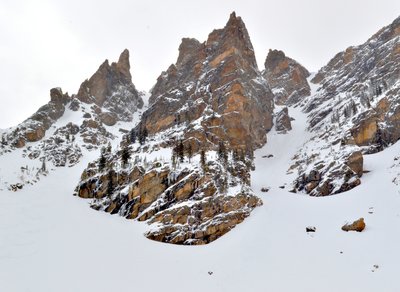 Looking up Dead Elk (left) and Dragontail (right). April 2015.