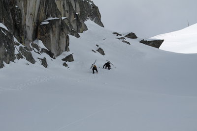 Booting up the main snowfield.  Summit ridge is above and to the right.