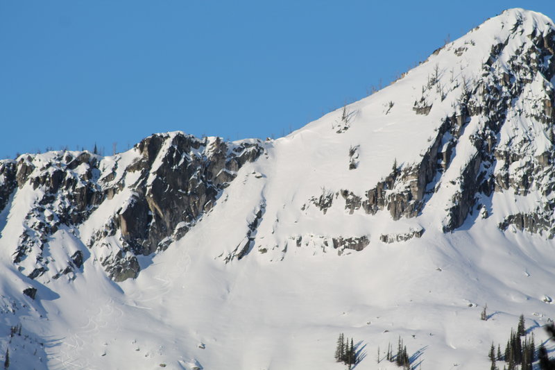 Telephoto shot of Beaverdam peak with our ski tracks.  The photo was taken from the Lick Creek Road.  This photo shows the line we skied, as well as some of the other alternatives on the peak.