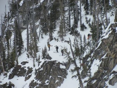 Getting ready to negotiate the crux in the "Beast Chute".  You can see the spicier alternative with some "air" involved.  By hugging the island of trees they avoided the "air".