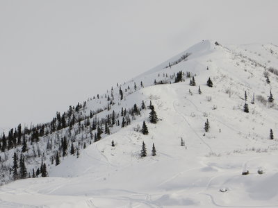 From the trailhead looking east. The skin track follows the prominent ridge in the photo center.