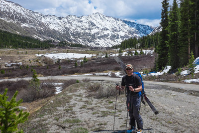 Jason, near Fremont Pass after skiing Democrat (in the background).