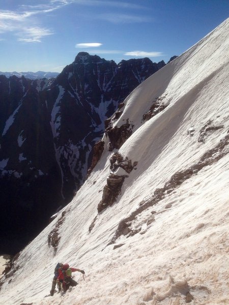 Climbers in the top snowfield of Bell Cord.