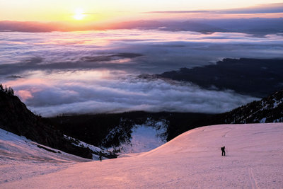 Skinning up the Skillet Glacier at sunrise.