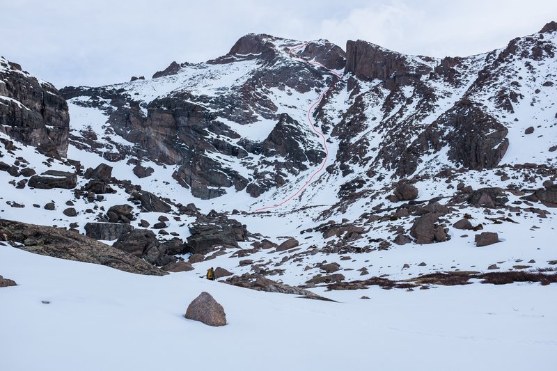 The route on the south face of Longs is marked, starting with the Home Stretch & then traversing over to Keplingers Couloir.