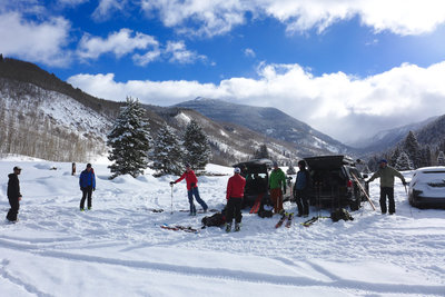 Our group gears up at the trailhead for a fun weekend at the Polar Star Hut.