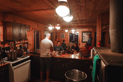 Our group chills to the max after a day of skiing deeeeeeep pow!