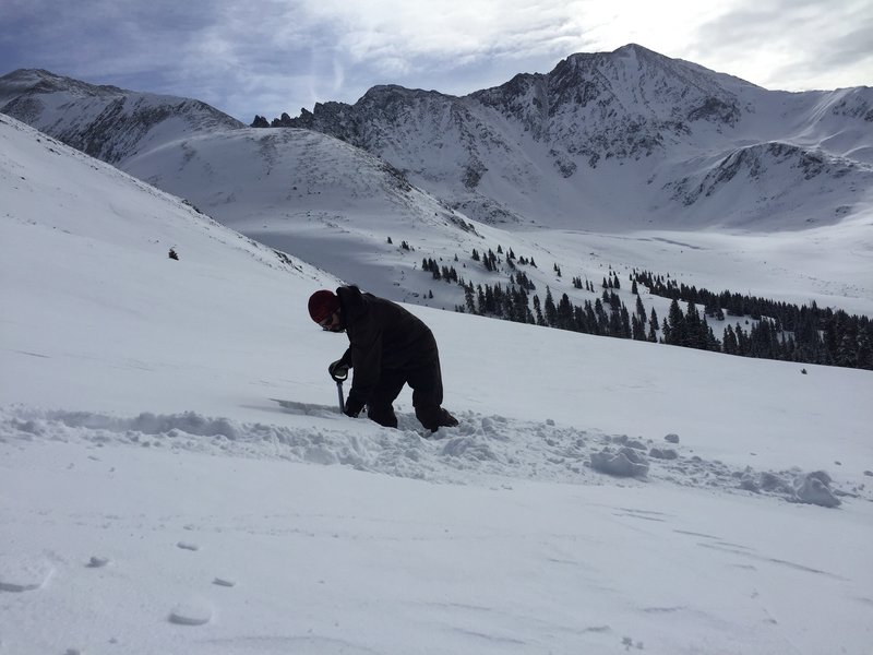 A savvy skier checks the snow conditions near Atlantic Peak.