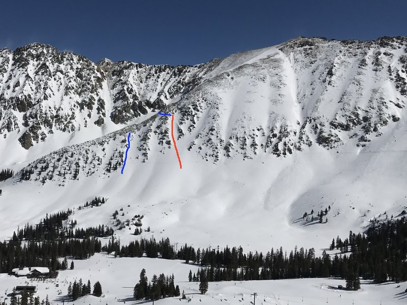 View of North Y Chute (red) and the 7th Tree Chute Staircase (blue) from the top of the Pali lift.