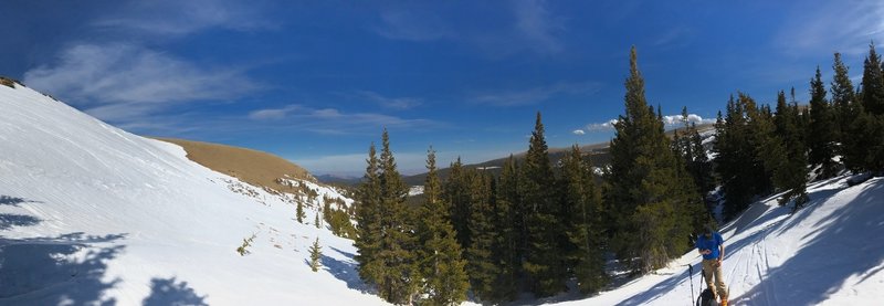 This is the view just below the drop-in for the South Saint Vrain Creek ski line. The south-facing bowl is worth exploring.