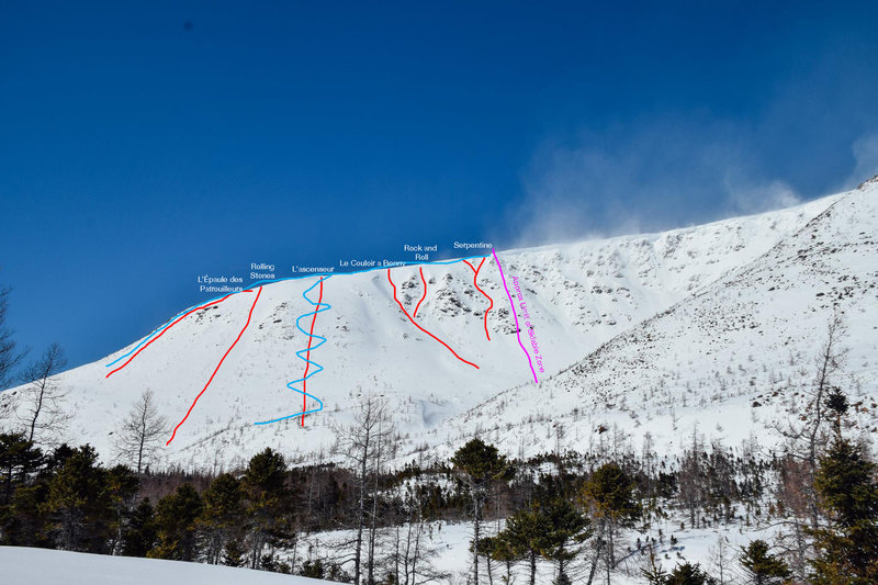 This is a view of the Patroller's Wall from the Serpentine Hut. Lines are marked in red, uphill routes marked in blue, and the limit of the zone open to skiing is marked in purple.