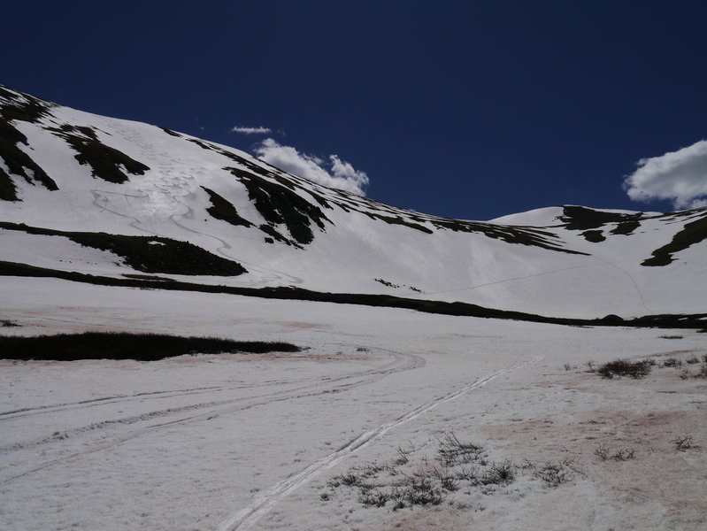 The skin track is on the right, and the descent is on the left.