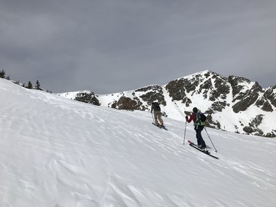 Making the final push to the back bowl above Upper Crater Lake. Almost directly on top of the Moffat Tunnel with Rogers Pass and Winter Park across the Continental Divide to the west.