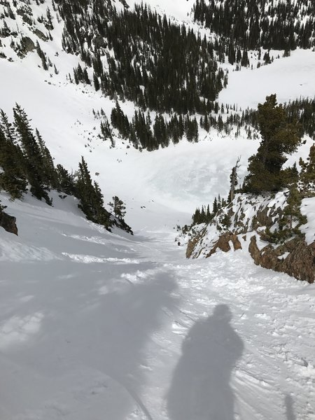 A relatively narrow couloir. Ski cut at the top triggered a decent slough slide. The view to the bottom is unobstructed.