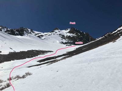 First steepish section. You can see later in season (taken early April) that the rock bands could bottleneck this first section.