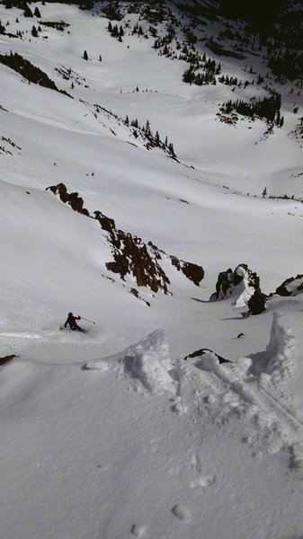 A skier drops into Frankenstein on some excellent spring powder.
