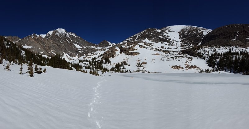 Ypsilon Mountain and Fairchild Mountain are beautiful from Middle Fay Lake. The entire South Face ski descent is clearly visible.