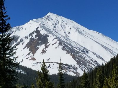 Emperor Couloir from the Grizzly Gulch Trailhead. Notice the two starts. You could even keep going down the ridge and drop in lower.