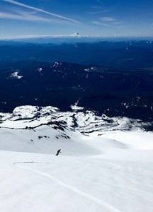 Shredding corny worms with a view of Mt. Hood from the St. Helens South Face (The Worms).