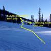 From top of Northside ascent, ski or skin westward; turn downhill to ski East Line, or continue west traverse to reach West Line