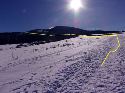 Ascent follows open meadow to highest point, then begins eastward (skinner's left) traverse on NE side of Little Ellis