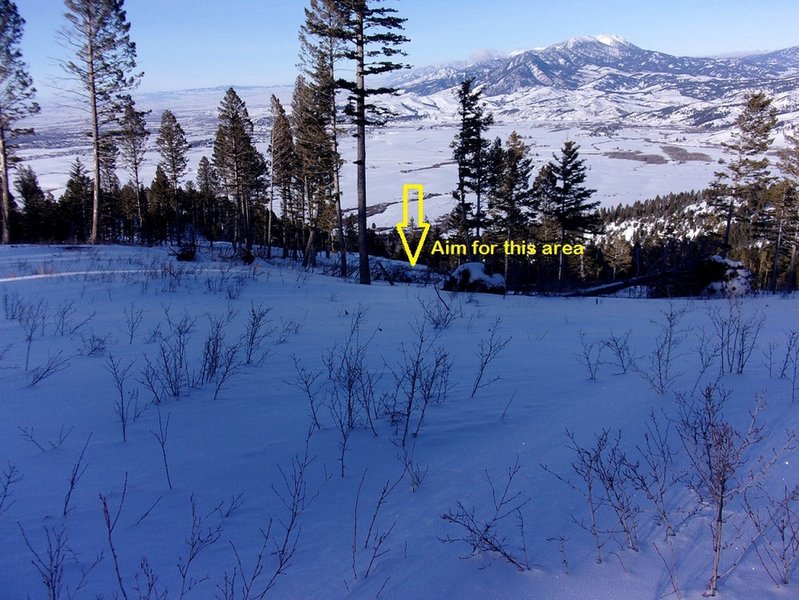 View from broad ridge at top of line.  Can pick any line between hilltop left of arrow, to gully to right of arrow.