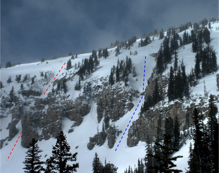 Photo of Spacewalk Couloir (blue dotted line) and Zero G Couloir (red dotted line) from lower Rock Springs.