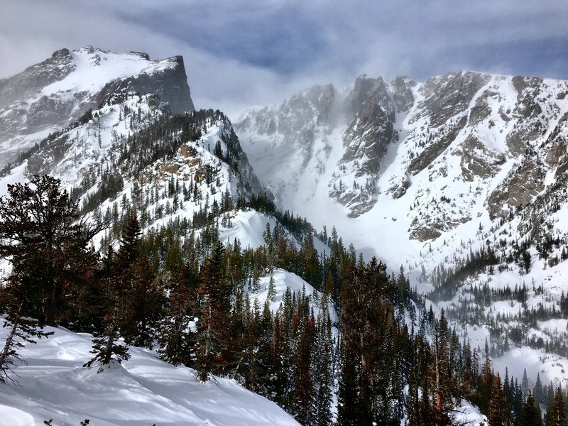 View of Dragontail and Dead Elk on the ridge to Dream Chutes
