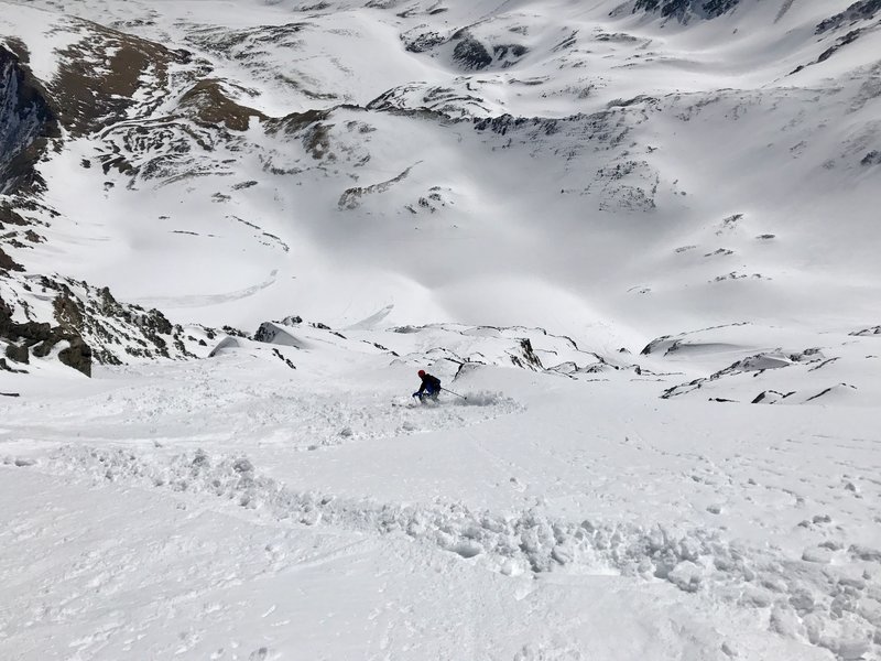 Dropping into the steep, east face of Torreys