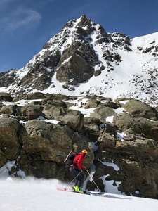 Skiing out the Bowl of Tears with Cross Couloir above
